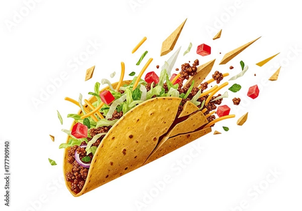 Fototapeta Deliciously messy taco exploding with fresh ingredients isolated on transparent background