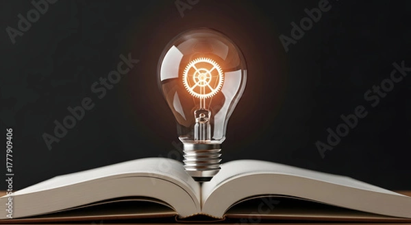 Fototapeta Education knowledge and business studying concept, Closeup glowing light bulb and book on table background, Effulgent light bulb sitting atop an open book.