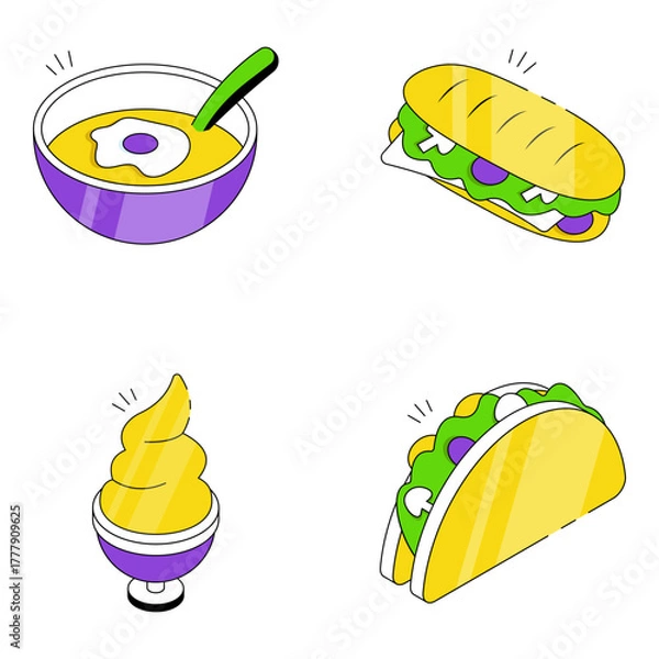 Fototapeta Set of Food and Meal Isometric Icons