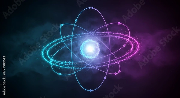 Fototapeta Atom Model with Orbiting Electrons on Dark Background