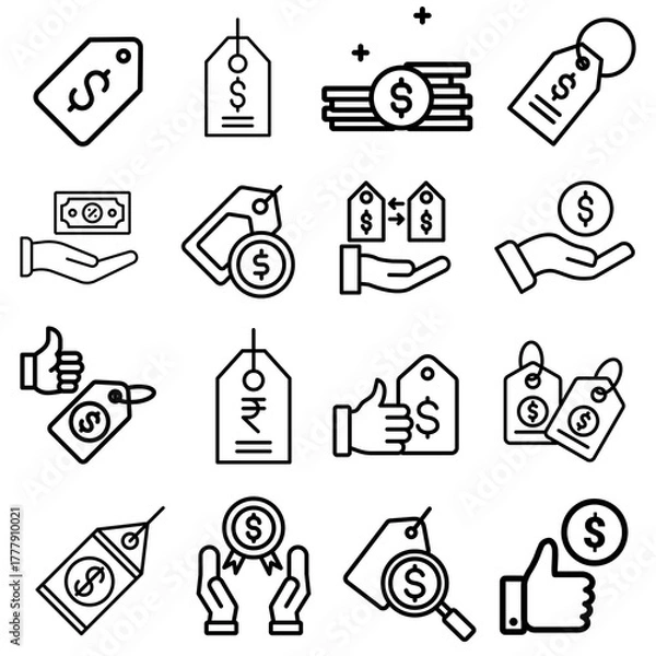 Obraz Professional Price Icon Set Showing Discount Offers, Sale Tags, Financial Cost, Money Value, E-Commerce Shopping, and Business Marketing Elements.