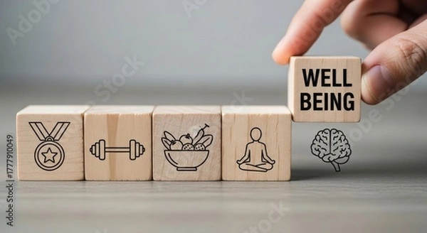 Obraz Hand placing a wooden block with the word wellbeing onto a sequence representing a healthy lifestyle