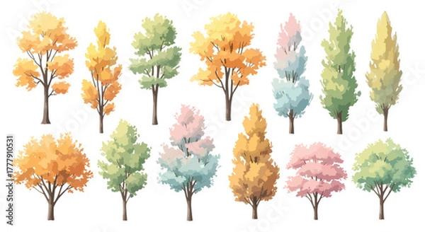Fototapeta Pastel trees, a whimsical collection of arboreal illustrations in soft, muted colors for spring