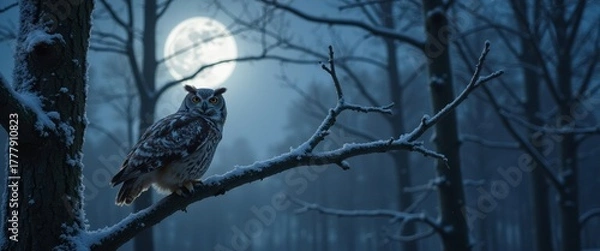 Obraz Owl resting on branch under full moon in winter forest  