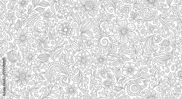 Fototapeta Intricate Seamless Floral Pattern with Flowers and Leaves in Line Art Style on Isolated White Background, Detailed and Organic