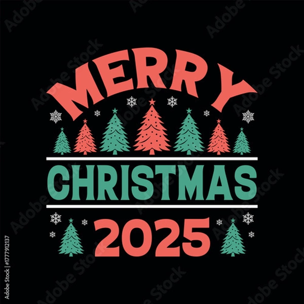 Obraz Christmas 2025 greeting with festive trees and snowflakes
