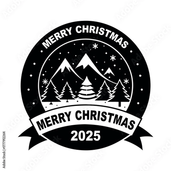Obraz Christmas emblem for 2025 with snowy mountains and pine trees