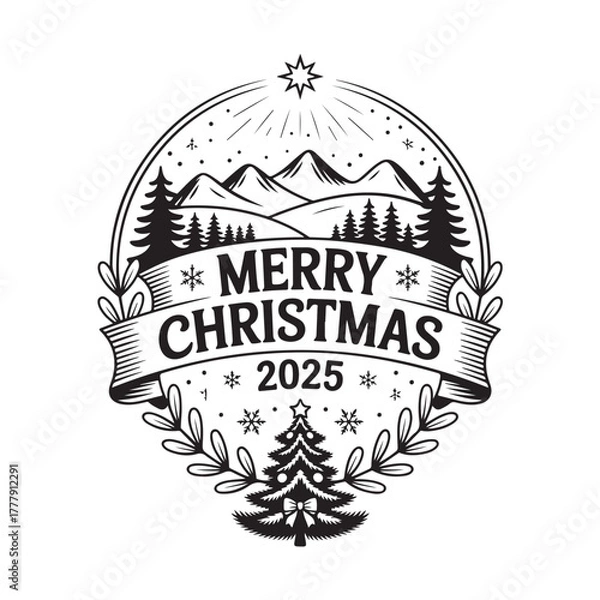 Obraz Christmas 2025 holiday emblem with mountain, forest, and festive tree illustration
