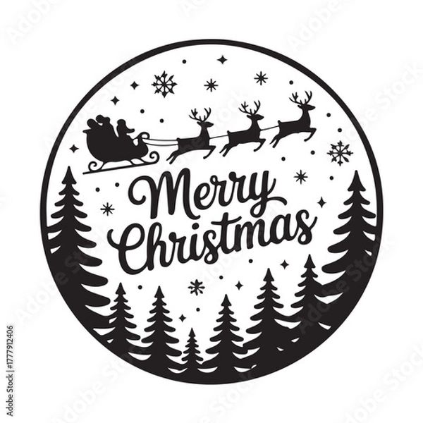 Obraz Christmas greeting with Santa, sleigh, reindeer, and pine trees