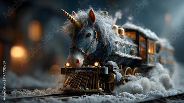 Obraz Unicorn Riding a Magical Christmas Train through Snowy Forest – Winter Fantasy Illustration