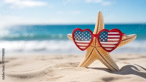 Obraz Starfish wearing heartshaped sunglasses with american flag pattern on a sandy beach