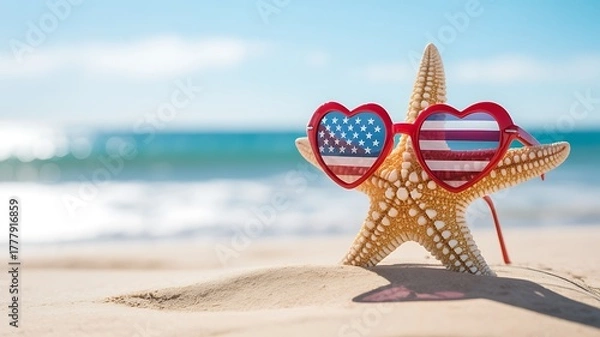 Obraz A starfish wearing heartshaped sunglasses with the american flag design sits on a sandy beach with the ocean in the background