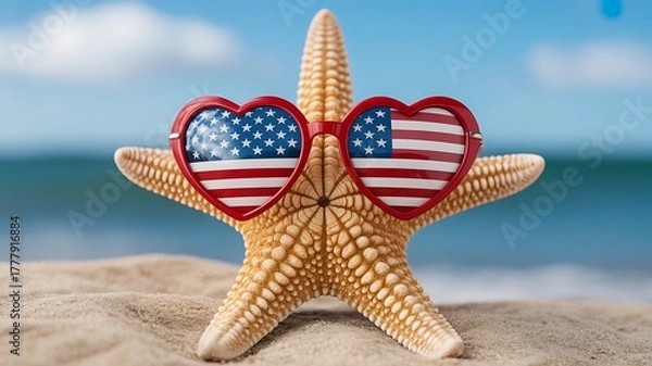 Obraz A starfish wearing heartshaped sunglasses with the american flag pattern sits on a sandy beach with the ocean in the background