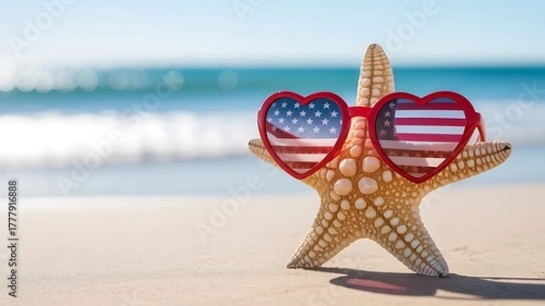 Obraz A starfish wearing heartshaped sunglasses with the american flag pattern sits on a sandy beach with the ocean in the background
