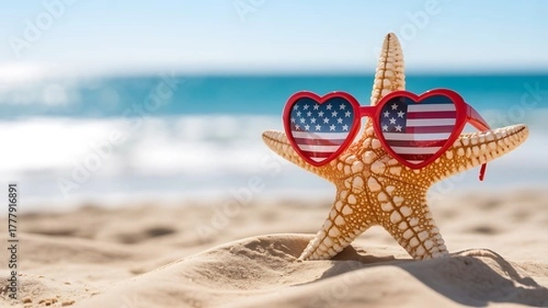 Obraz A starfish wearing heartshaped sunglasses with the american flag pattern sits on a sandy beach with the ocean in the background
