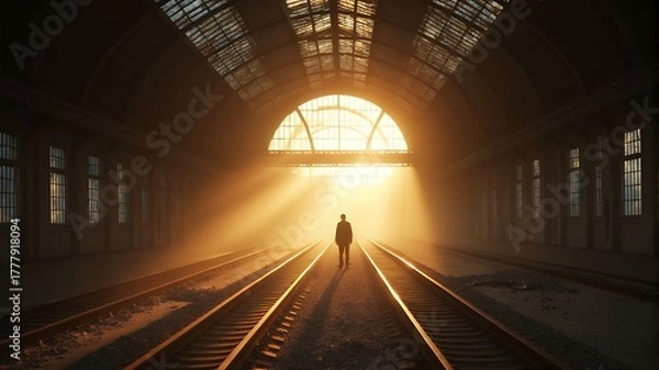 Fototapeta Golden-hour light streaming through shattered glass roof of an abandoned train station; lone traveler standing among dust and silence, cinematic atmosphere with rich shadows and lens flare realism.