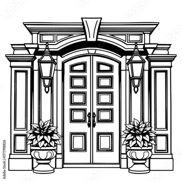 Obraz Ornate Traditional Door

A detailed yet monochrome illustration of a traditional front door with decorative moldings and six inset panels. Two elegant lanterns above planters with leafy plants. Symmet