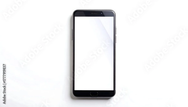Obraz Sleek, black smartphone with blank white screen displayed on a clean, bright, white surface from an overhead view