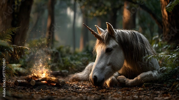 Obraz Unicorn Sitting Beside a Campfire in an Enchanted Forest – Peaceful Fantasy Illustration