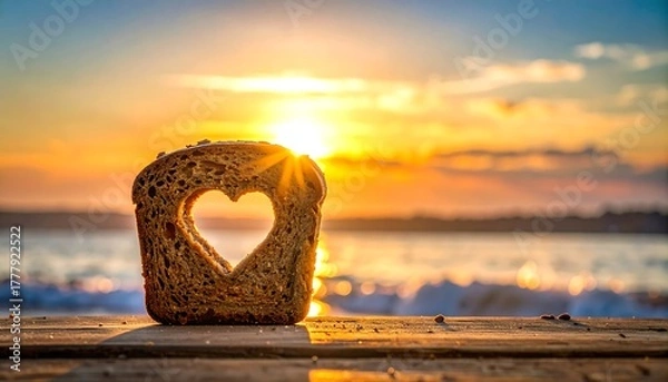 Obraz Slice of bread with heart cut out, backlit by a sunset over water, sitting on wood