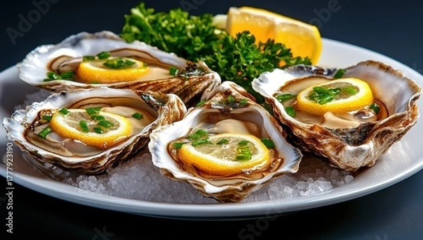 Fototapeta Fresh oysters on the half shell, garnished with lemon slices and chives, served on ice