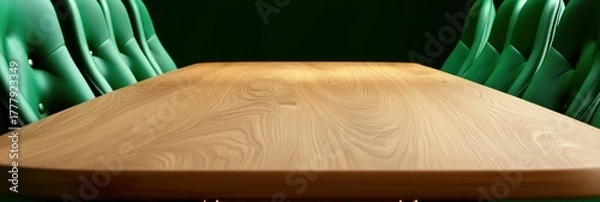 Fototapeta Elegant light wood table sits between two plush green chairs, perfect for a modern office or dining room