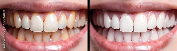 Fototapeta Close-up photo showing a young woman's smile before and after teeth whitening, highlighting brighter, cleaner teeth and improved dental aesthetics.