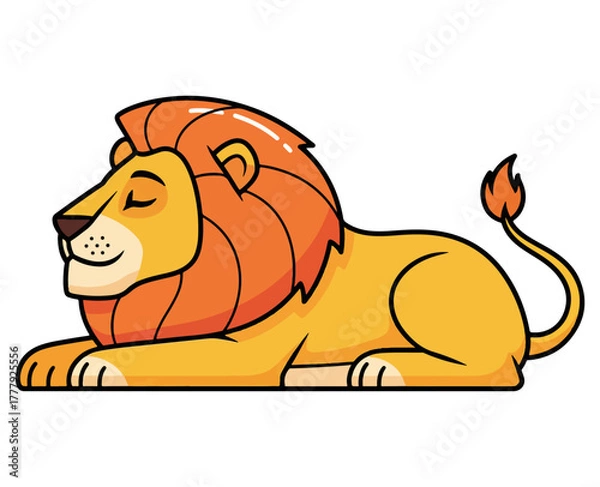 Fototapeta Peaceful cartoon lion resting with eyes closed on a white background.