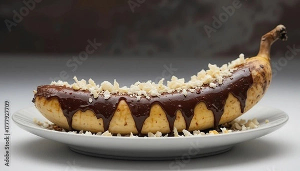 Obraz Peeled banana with glossy chocolate glaze and shredded cheese on white plate