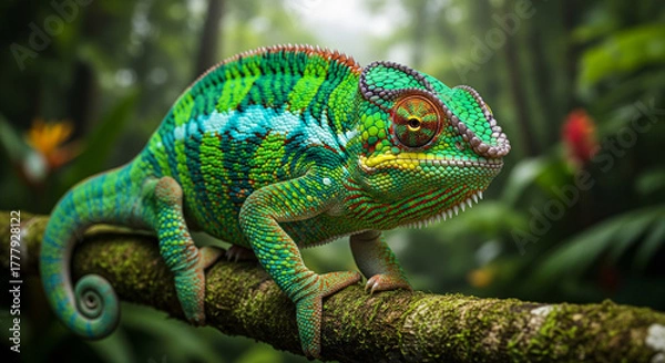 Fototapeta colorful chameleon on a tree branch