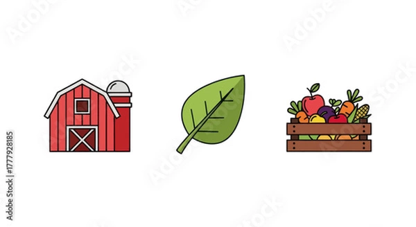 Fototapeta Farm Barn Green Leaf and Crate of Fresh Vegetables and Fruits Illustration.