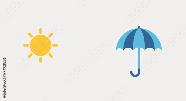 Fototapeta Bright Sun and Blue Umbrella Icons Representing Weather Contrast.