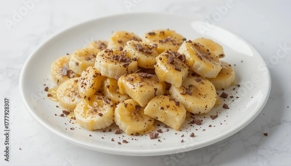Obraz Sliced bananas with cheese glaze and shredded chocolate on white plate, isolated on white background