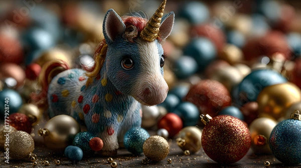 Obraz Unicorn Surrounded by Shimmering Christmas Ornaments – Cute Fantasy Holiday Illustration