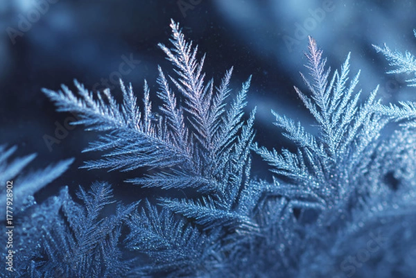 Obraz Frost macro texture. Ice crystals on glass. Cool blue tones. Detailed winter background. New Year. Frost and cold.