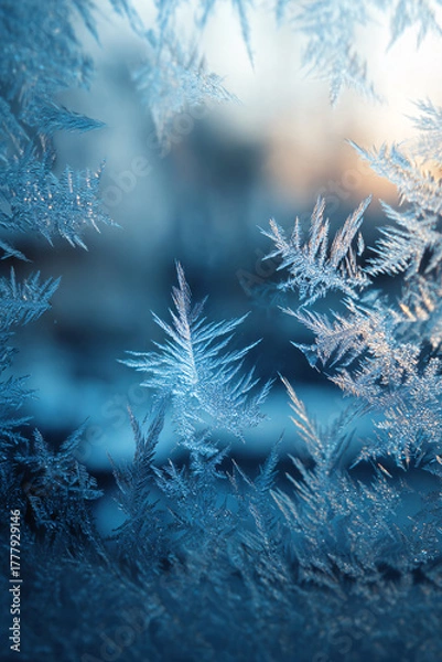 Obraz Frost macro texture. Ice crystals on glass. Cool blue tones. Detailed winter background. New Year. Frost and cold.