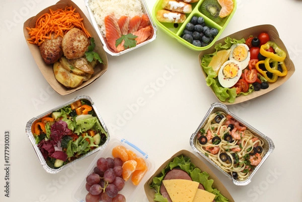Obraz Healthy meal slimming diet plan daily ready menu background, organic fresh dishes and smoothie, fork knife on paper eco bag as food delivery courier service at home in office concept, close up view.