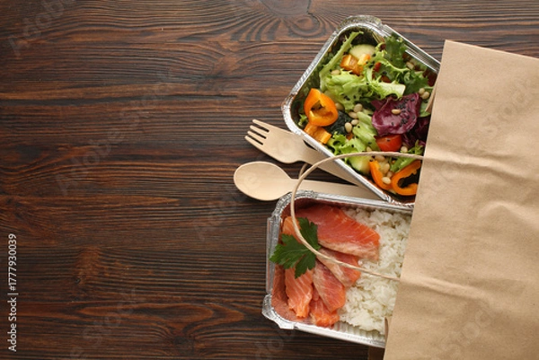 Obraz Healthy meal slimming diet plan daily ready menu background, organic fresh dishes and smoothie, fork knife on paper eco bag as food delivery courier service at home in office concept, close up view.