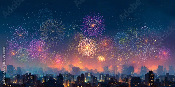 Obraz New Year's Eve night sky with fireworks exploding over the city. Bright colors and a festive atmosphere. Cityscape view.
