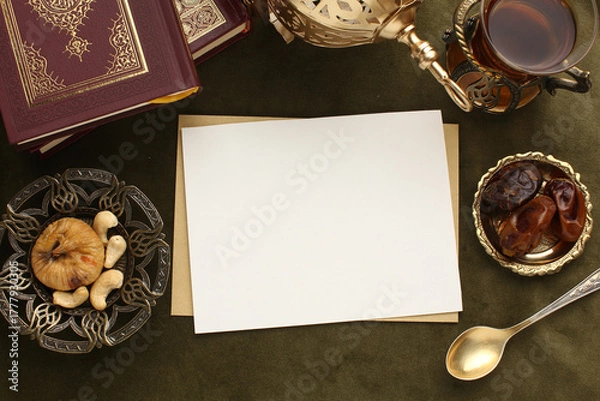 Obraz Book Quran Ramadan. Lantern for the Muslim holy month of Ramadan Karim. Decorative holiday lamp, Islamic prayer mat for namaz. Symbol of fasting sawm, white card, picture for your text