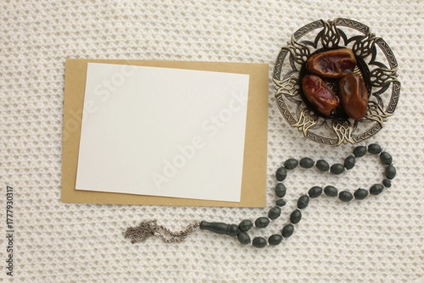 Obraz Book Quran Ramadan. Lantern for the Muslim holy month of Ramadan Karim. Decorative holiday lamp, Islamic prayer mat for namaz. Symbol of fasting sawm, white card, picture for your text