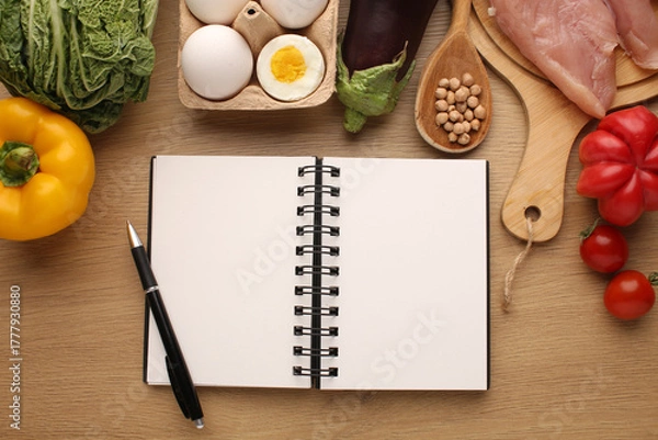 Fototapeta Making a meal plan for several days. Concept of healthy lifestyle, sports and daily routine. Notebook, marker, dumbbells, fruit healthy food, centimetre. Diet plan. Top view, horizontal.