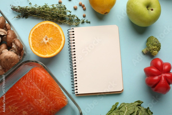Obraz Making a meal plan for several days. Concept of healthy lifestyle, sports and daily routine. Notebook, marker, dumbbells, fruit healthy food, centimetre. Diet plan. Top view, horizontal.