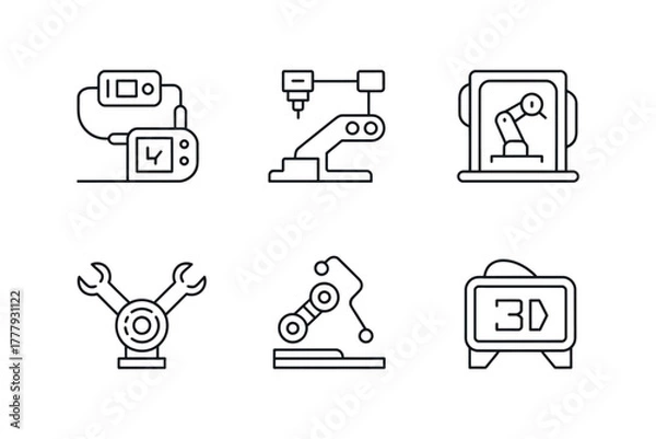 Fototapeta Illustration of six different robotic and manufacturing technology icons set up