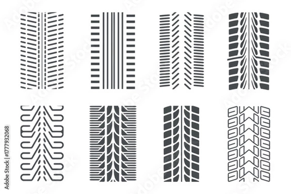 Obraz Illustration of eight different tire tread patterns on a white background surface