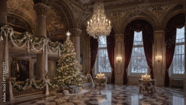 Fototapeta Opulent ballroom, decorated for Christmas, features a lit tree, ornate decor, and large windows