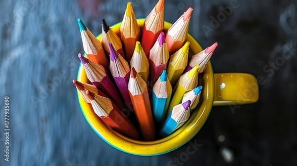 Obraz An overhead perspective showcasing a beautiful array of brightly colored pencils gathered within a sunny yellow ceramic mug