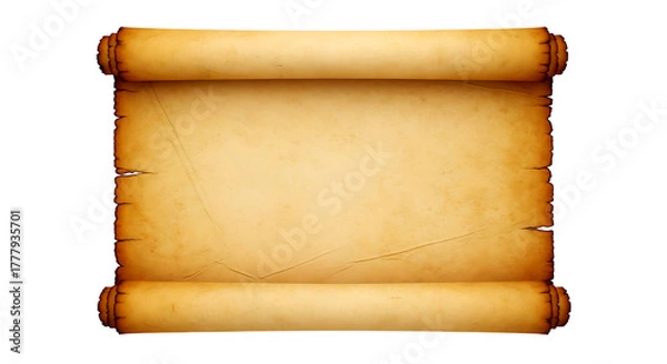Fototapeta Ancient rolled parchment scroll with textured aged paper and wooden ends isolated on a black background for historical documents or creative use