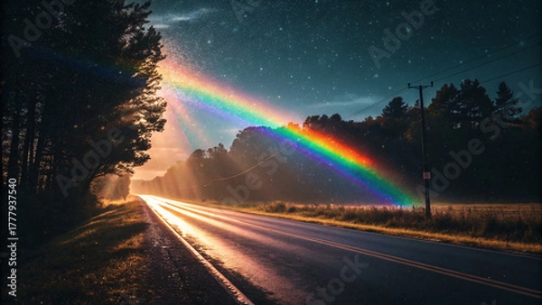 Fototapeta Magical rainbow beams illuminate a serene country road at twilight under a starlit sky, inspiring wonder and adventure