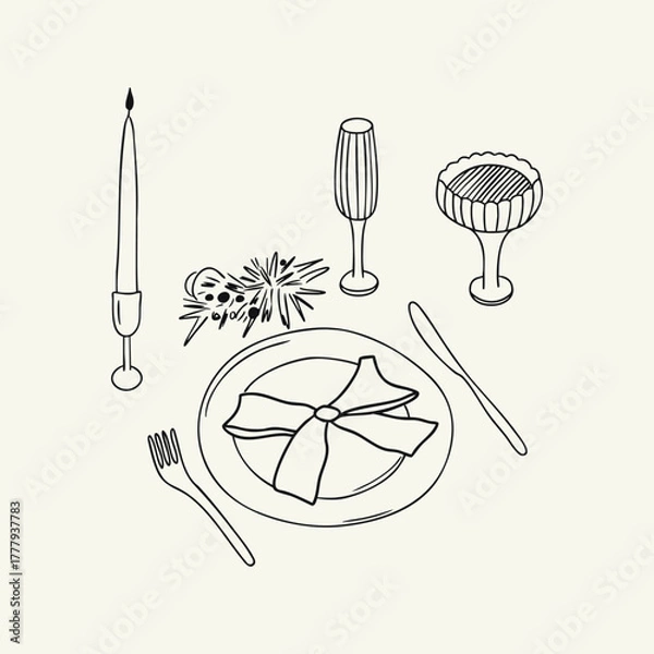 Fototapeta Whimsical table setting for Christmas, wedding and holidays. Outline illustration of place setting with champagne glasses, coupe, plate with bow, candle and spruce decoration. Vector illustration